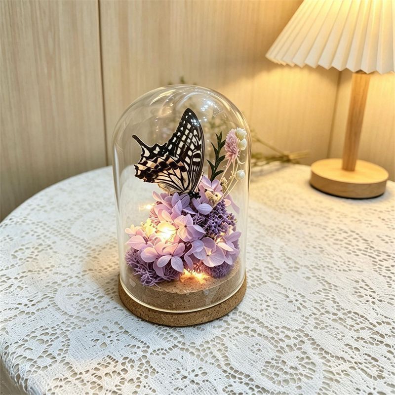Glass Terrarium with Preserved Flowers and Butterfly
