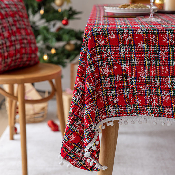Festive Plaid Pom-Pom Trim Rectangular Tablecloth