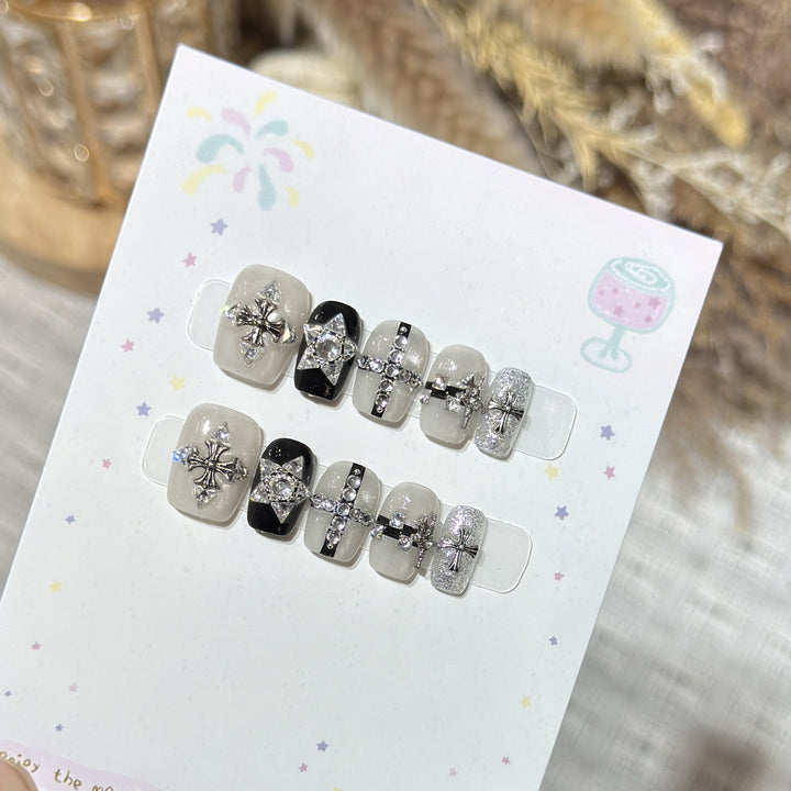 Artistic Press-On Nail Art Set with Gemstone Accents Stornfield