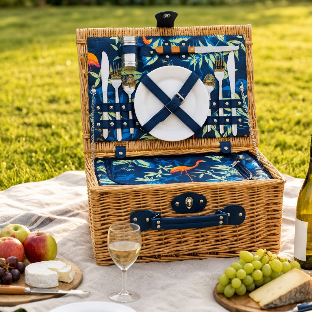 Ladies Luxury Picnic Basket with Offset Dish Compartment and Floral Lining Stornfield