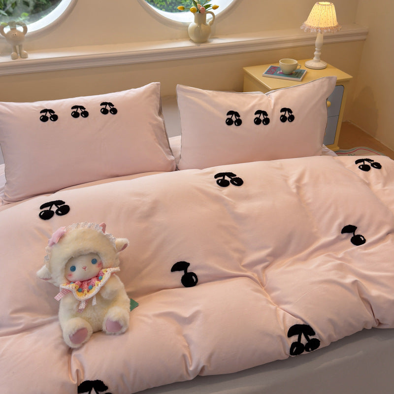 Plush Embroidered Cherry Motif Comforter and Pillow Sham Set