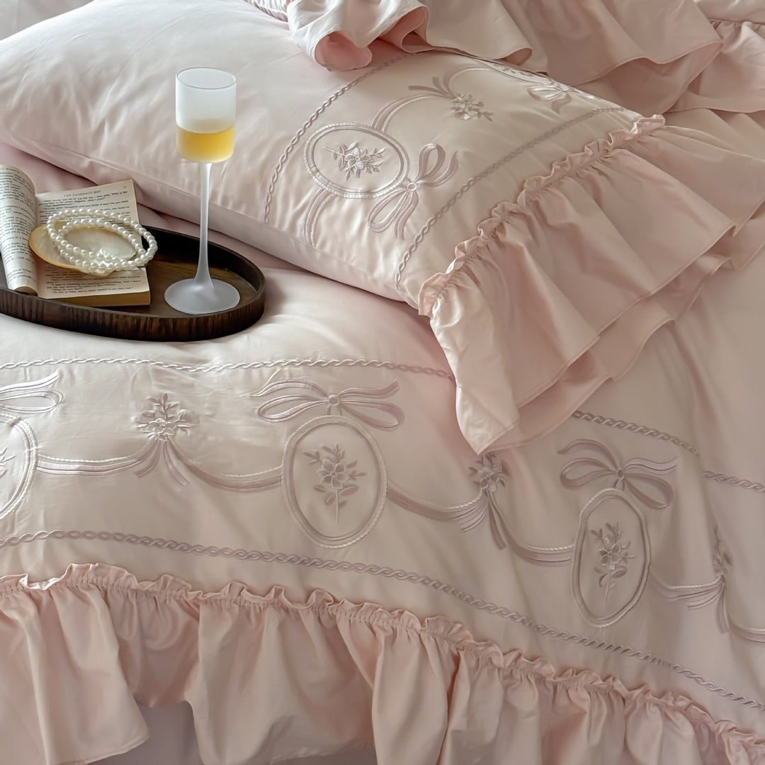 French-Inspired Embroidered Cotton Duvet Cover with Ruffled Hem and Pillow Shams