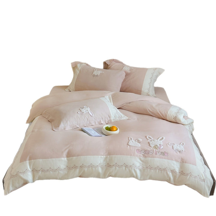 Reversible Cotton-Linen Appliqué Bunny Duvet Cover Set with Embroidered Scalloped Border