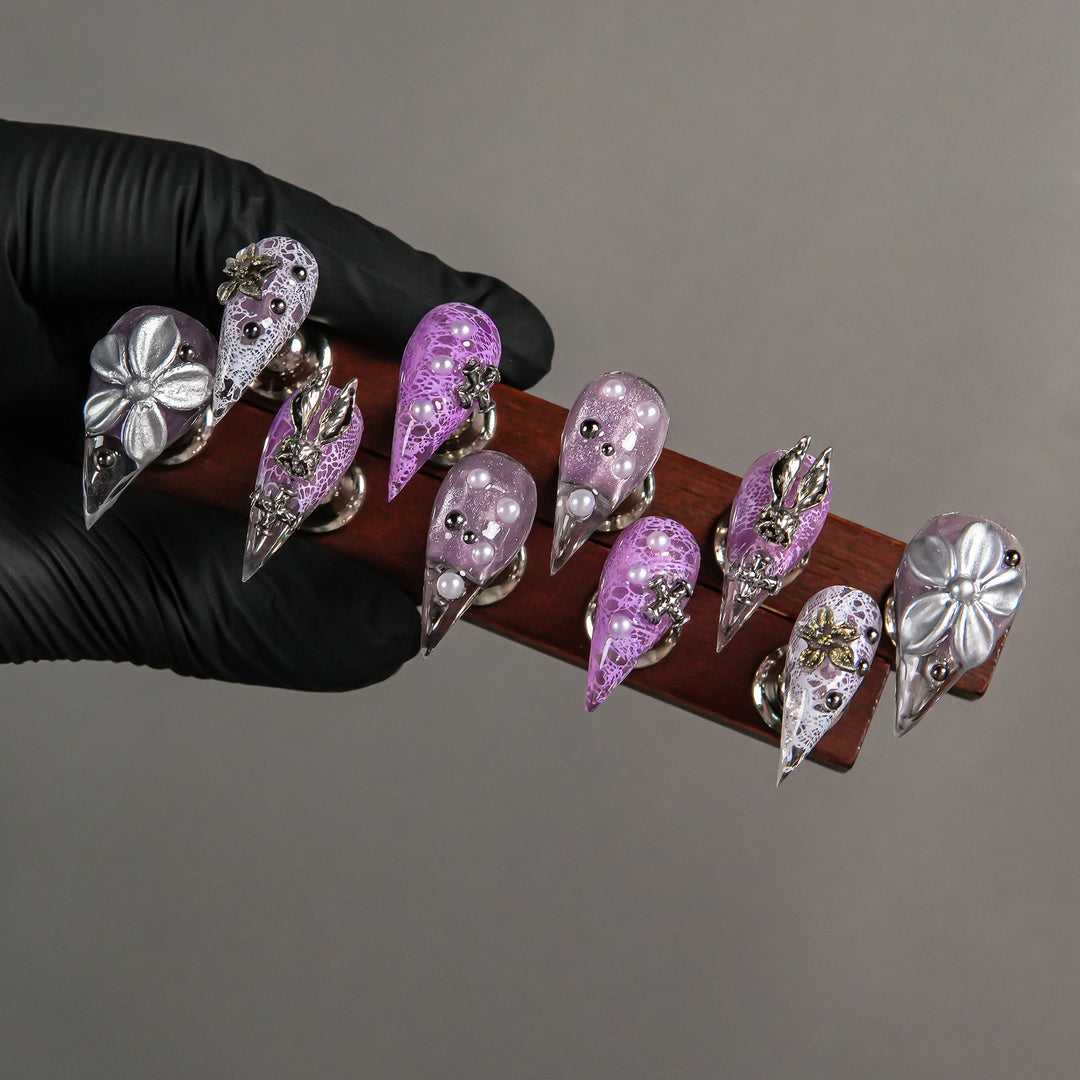 Decorative Stiletto Press-On Nails with Gem Accents