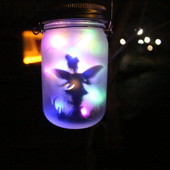 Solar Powered Frosted Fairy Silhouette Mason Jar Lantern With Multicolor LEDs Stornfield