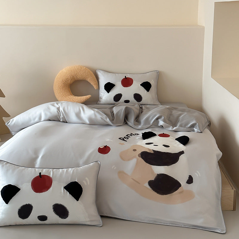 Children's bedding made of silk-matte satin with illustrative panda and apple print as well as fine piping