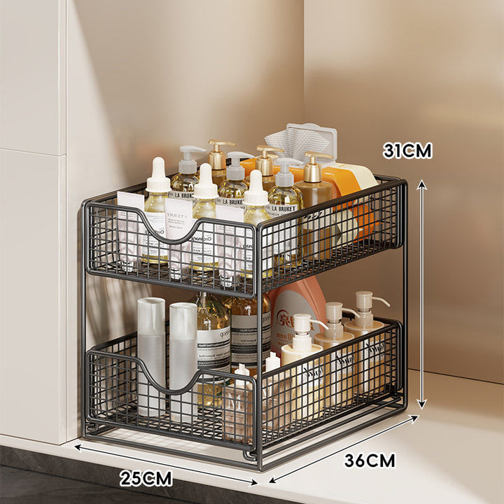 Three-Tier Sliding Mesh Drawer Cabinet Organizer for Kitchen and Bathroom