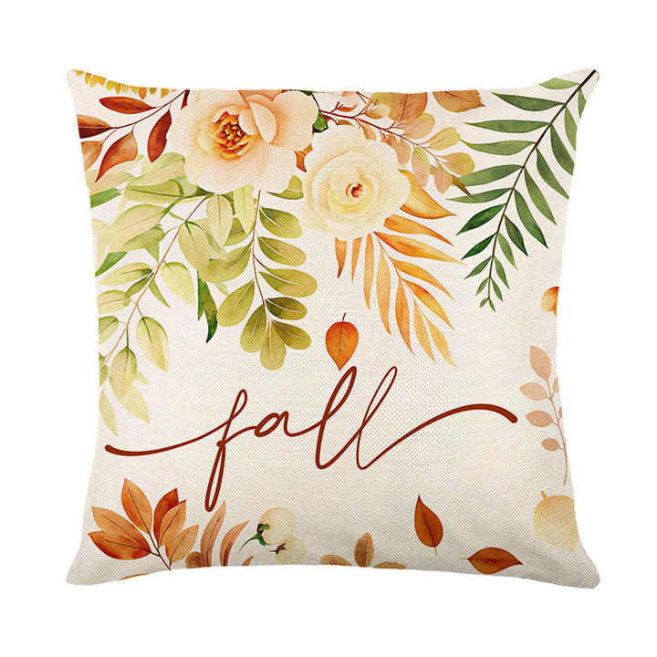 Autumn Watercolor Floral Cotton-Linen Throw Pillow Cover with Script 'Fall'