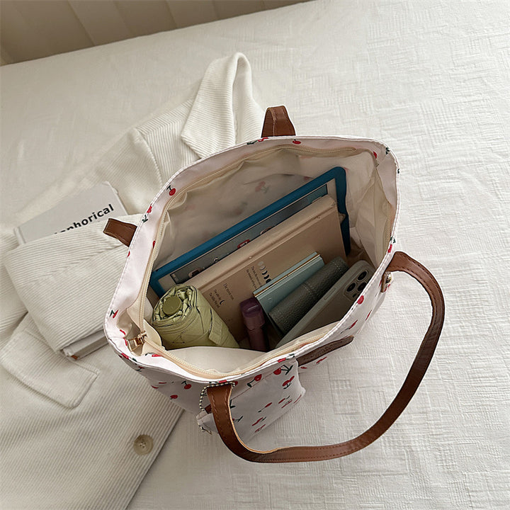 Stylish Cherry-Printed Tote Bag with Removable Pouch