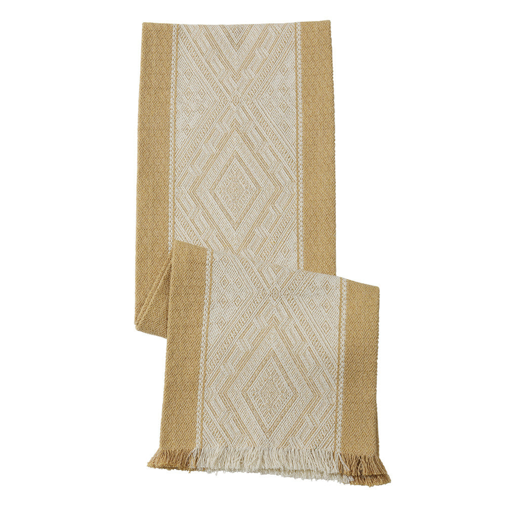 Handwoven table and console runner made of cotton blend fabric with geometric diamond pattern and fringes