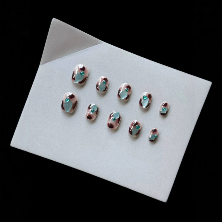 Artistic Press-On Nail Art Set with Luxe Gem Accents
