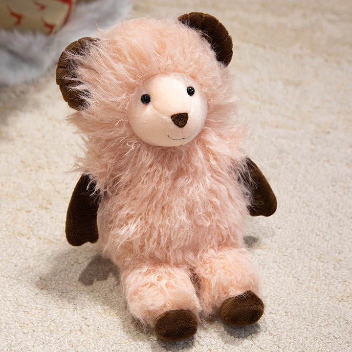Plush Fluffy Ram-Inspired Teddy with Long Faux-Fur Coat and Embroidered Face Stornfield