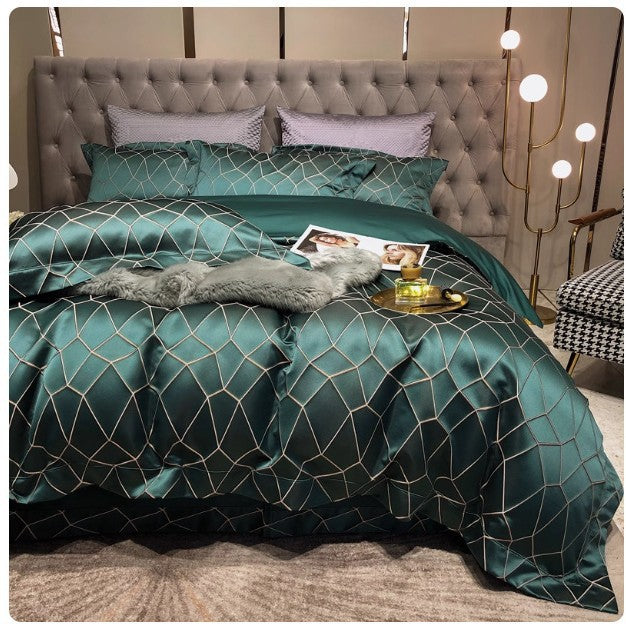 Luxury Satin Jacquard Geometric Duvet Cover and Pillowcase Bedding Set