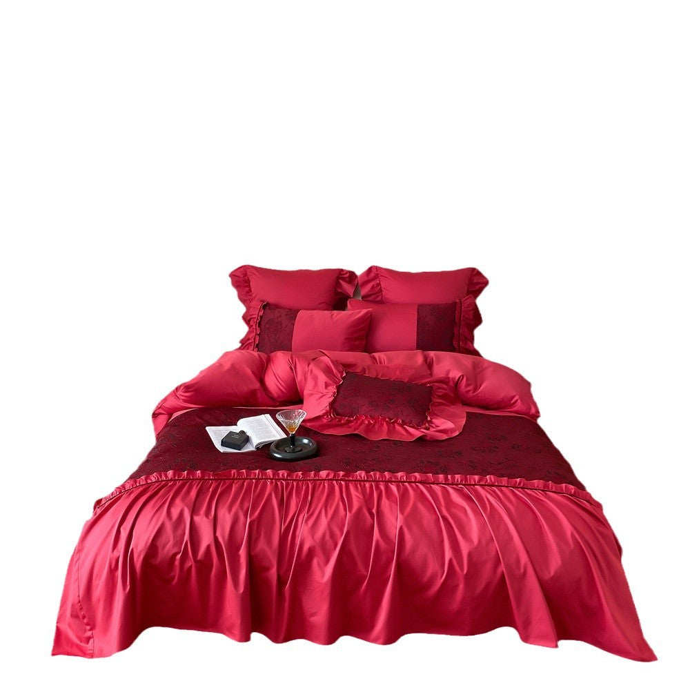 Luxurious satin bedding set with ruffles and lace appliqué