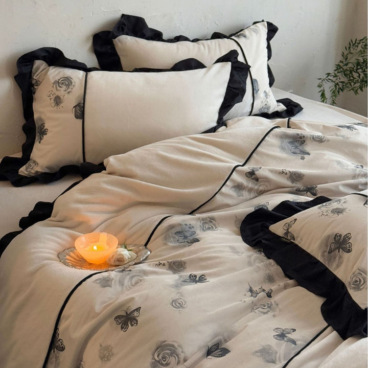 Ruffled Floral Embroidered Cotton Duvet Cover Set with Contrasting Piping