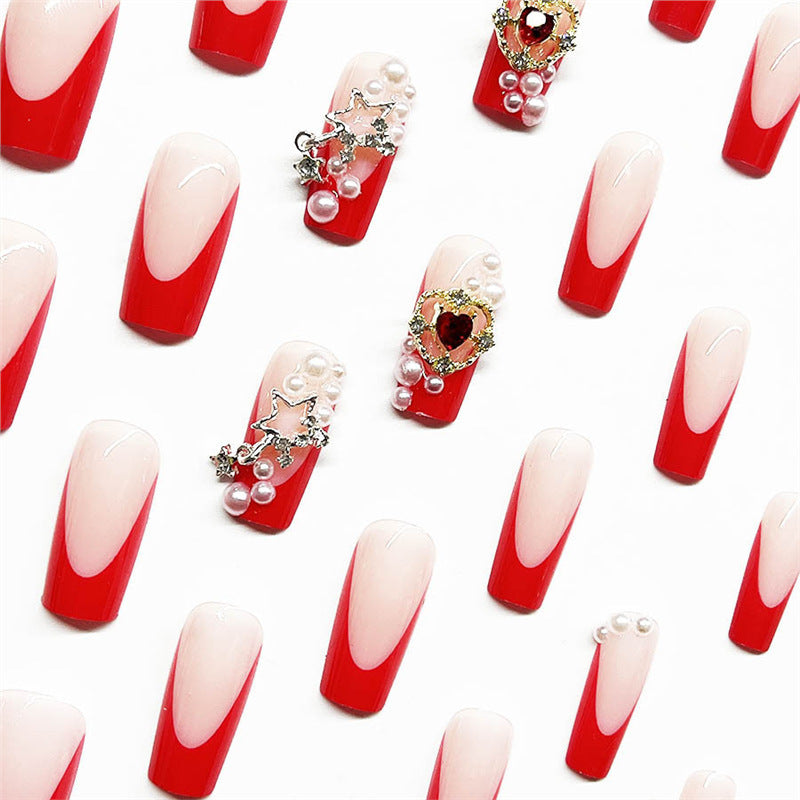 Decorative French Tip Press-On Nails with Pearl Accents Stornfield