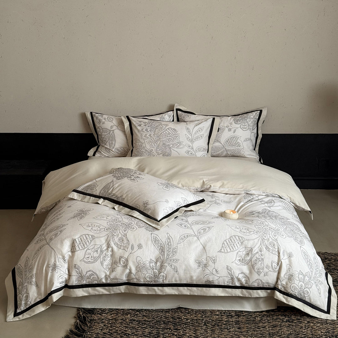 Botanical Watercolor Reversible Duvet Cover Set with Contrast Piped Shams