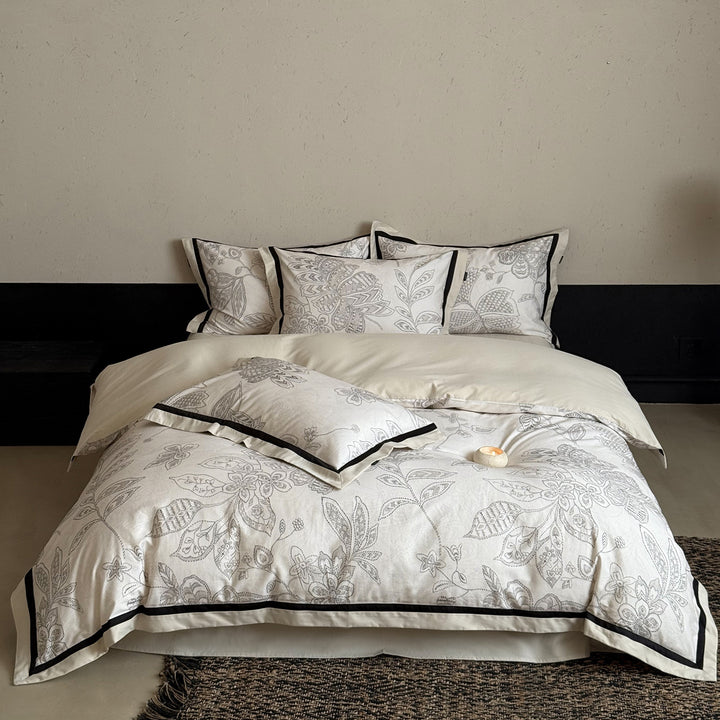 Botanical Watercolor Reversible Duvet Cover Set with Contrast Piped Shams