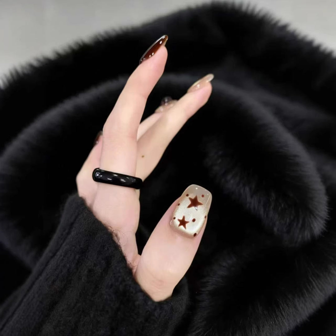 Decorative Press-On Nails with Artistic Cat and Star Designs