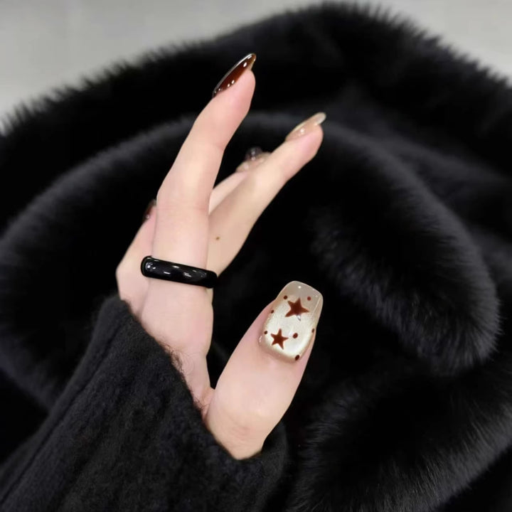 Decorative Press-On Nails with Artistic Cat and Star Designs