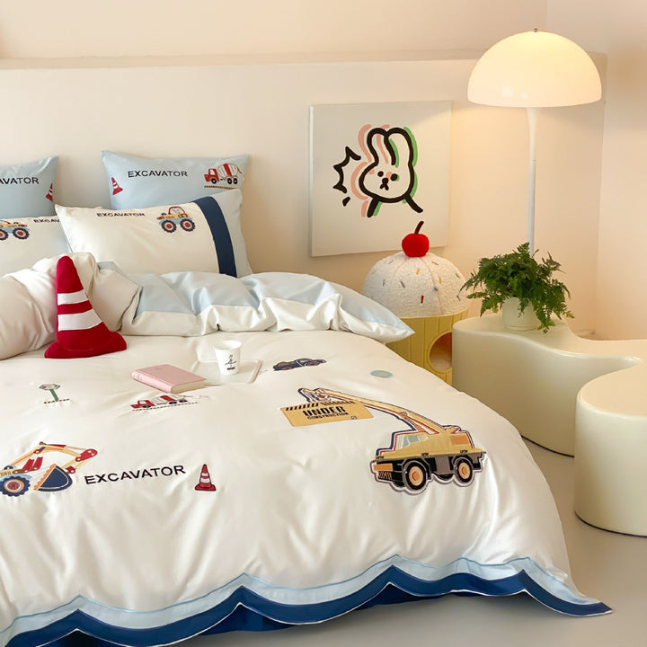 Construction-Themed Cotton Duvet Cover and Pillowcase Set with Truck Appliqué and Scalloped Hem