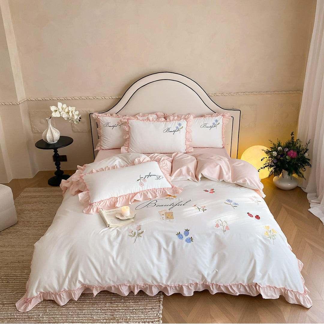 Ruffled Embroidered Cotton Sateen Duvet Cover Set with Floral Motifs