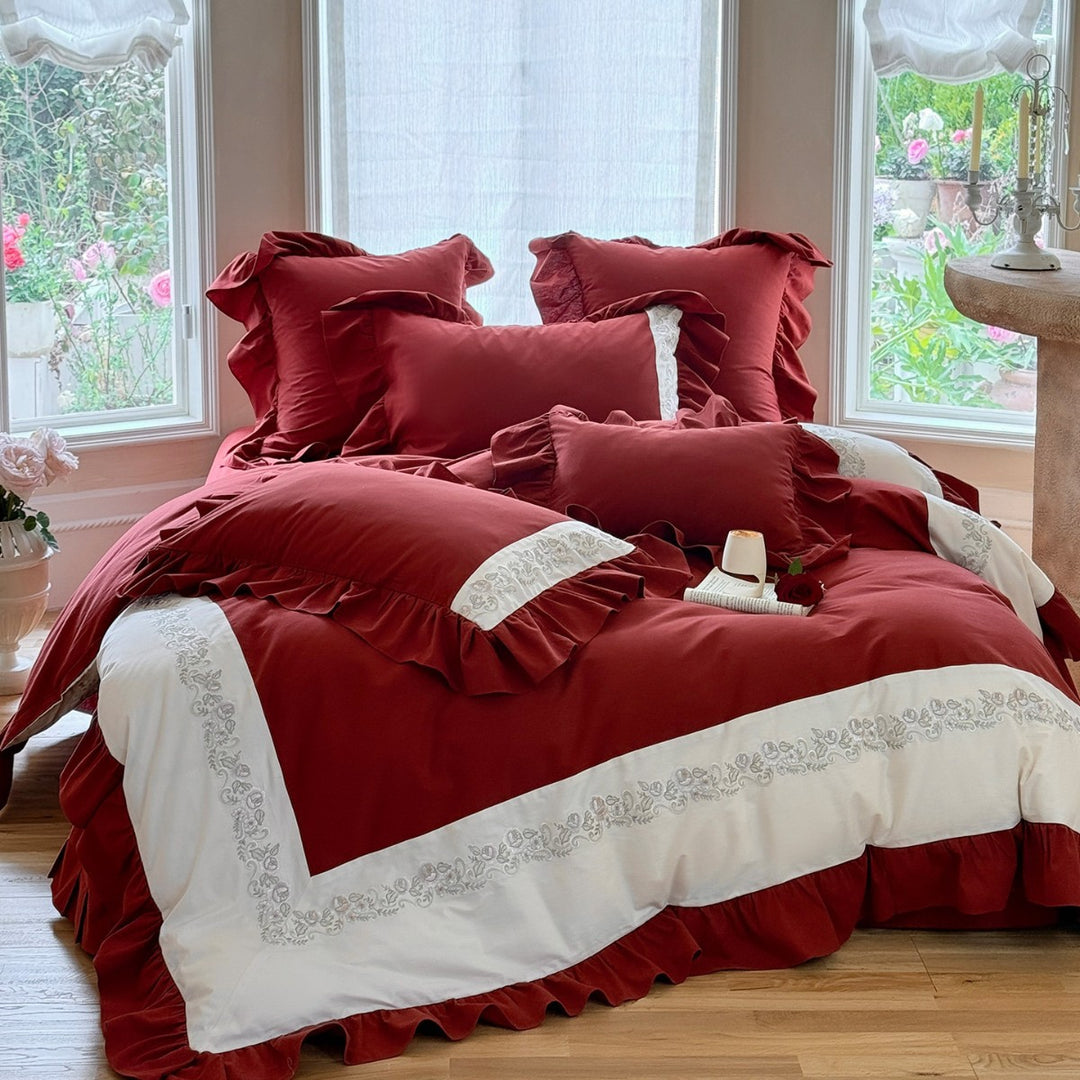 Romantic Ruffle-Trim Cotton Duvet Cover Ensemble with Embroidered Border & Pillow Shams
