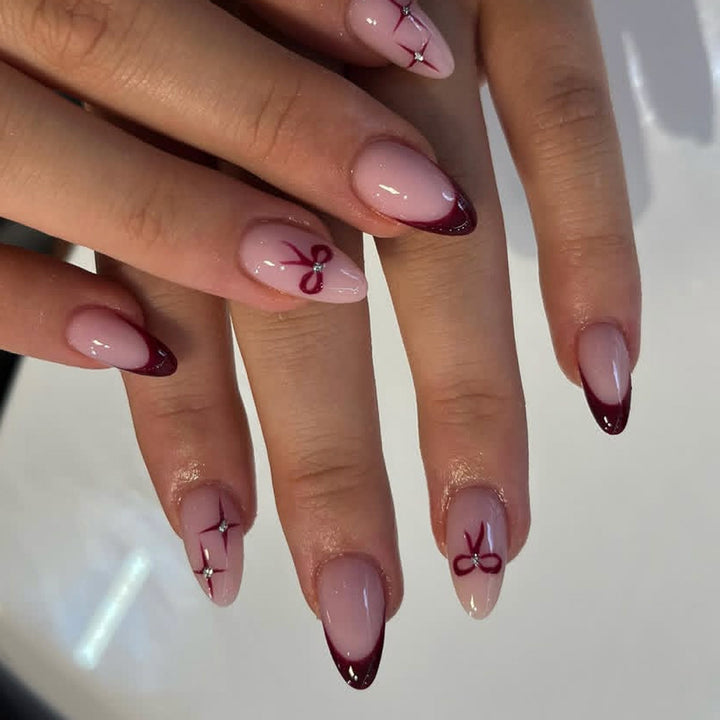 Artistic Press-On Nail Art Set with Decorative Bow and Crystal Accents Stornfield