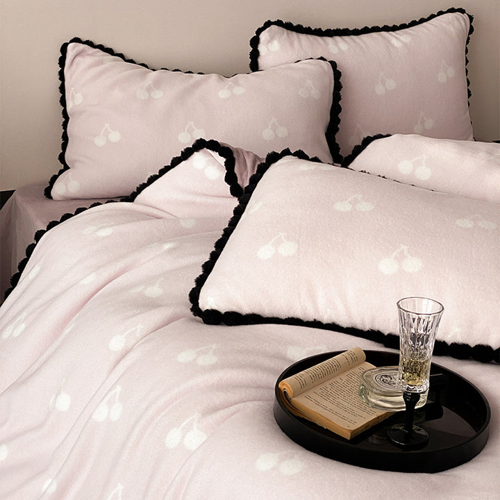 Cherry-Jacquard Cotton-Blend Duvet Cover Set with Pom-Pom Edge and Contrast Ruffle Trim