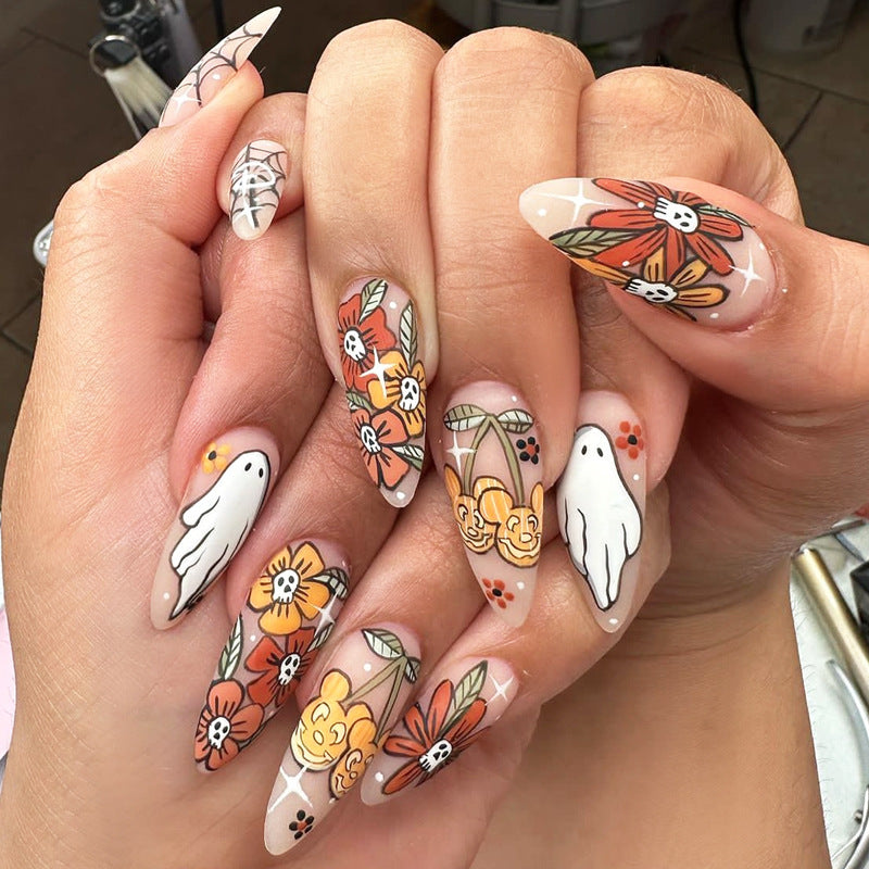 Artistic Press-On Nail Set with Seasonal Floral and Ghost Designs Stornfield