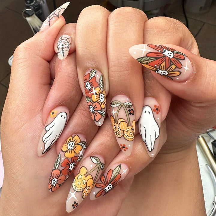 Artistic Press-On Nail Set with Seasonal Floral and Ghost Designs Stornfield