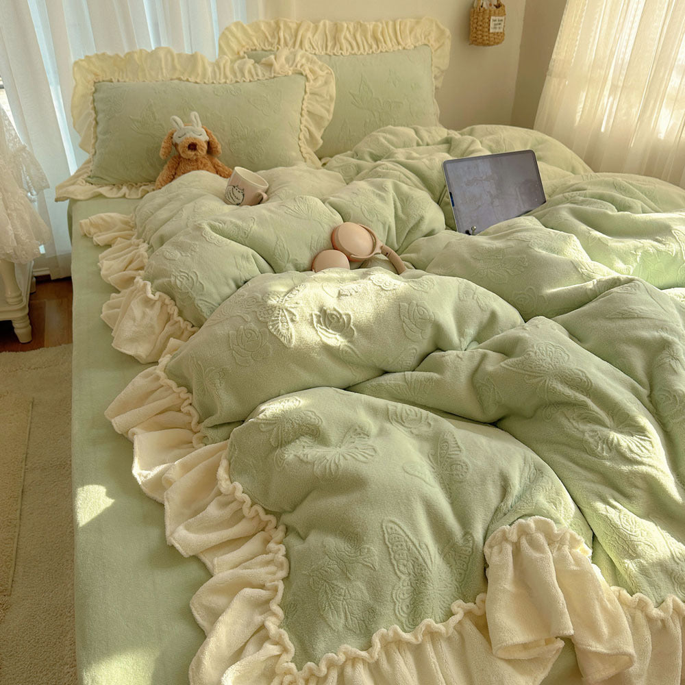 Plush Embroidered Butterfly Microfleece Reversible Comforter with Ruffle Trim