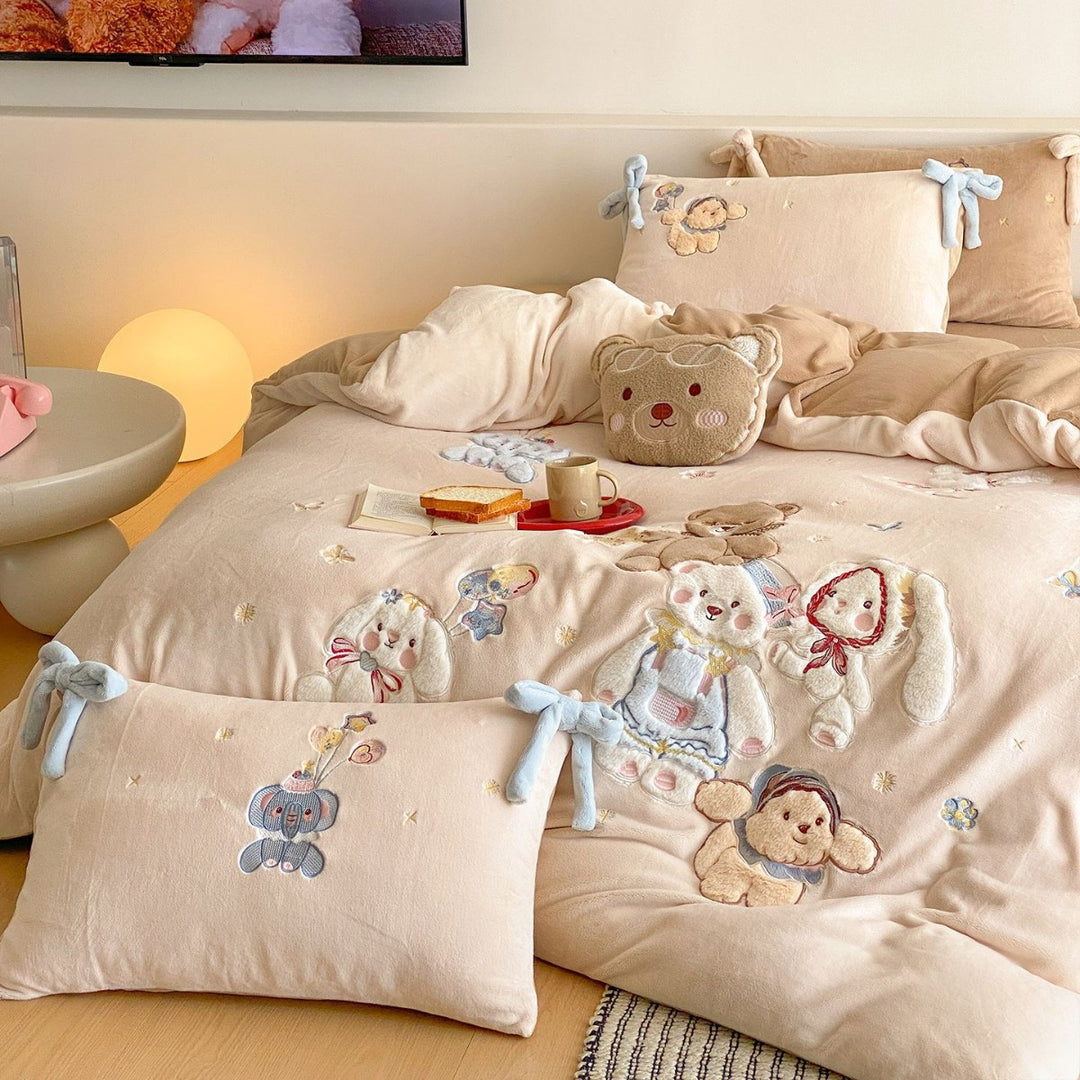 Plush Embroidered Appliqué Duvet Cover Set with Bow-Tie Shams