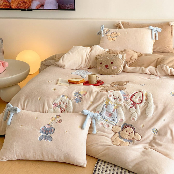 Plush Embroidered Appliqué Duvet Cover Set with Bow-Tie Shams
