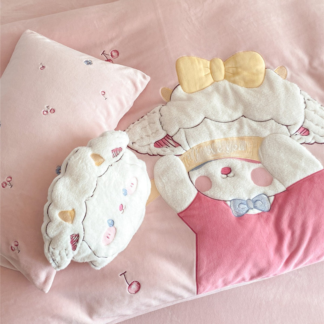 Plush Appliqué Cartoon Bunny Quilted Duvet Cover Set