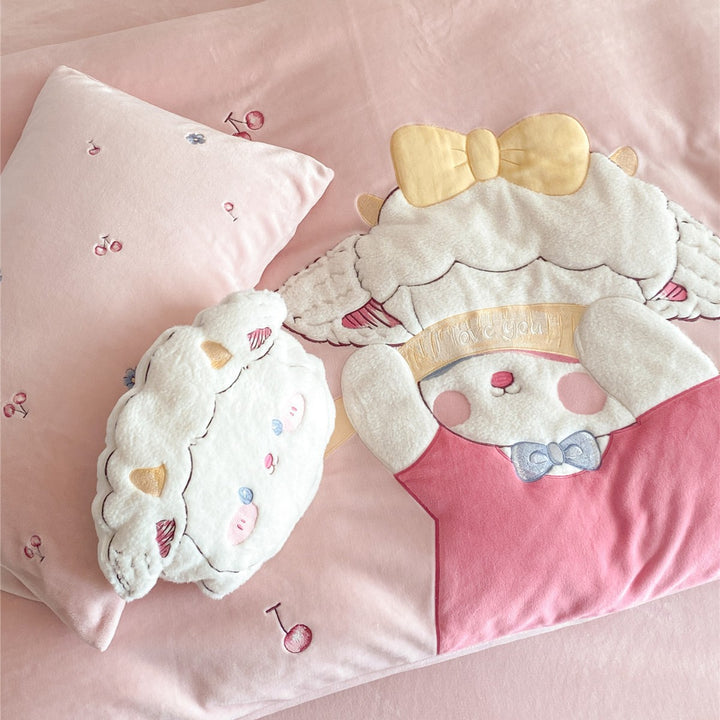 Plush Appliqué Cartoon Bunny Quilted Duvet Cover Set
