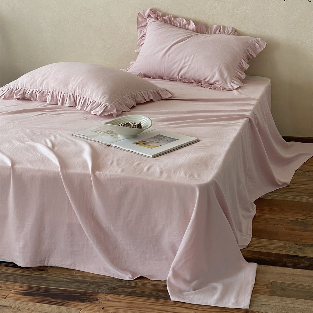 Washed Cotton-Linen Blend Ruffled Pillowcase & Flat Sheet Set
