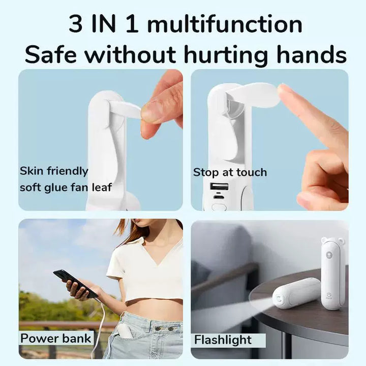 Unisex one size foldable rechargeable triple handheld mini fan with integrated power bank USB-C and USB-A connections as well as wrist strap Stornfield