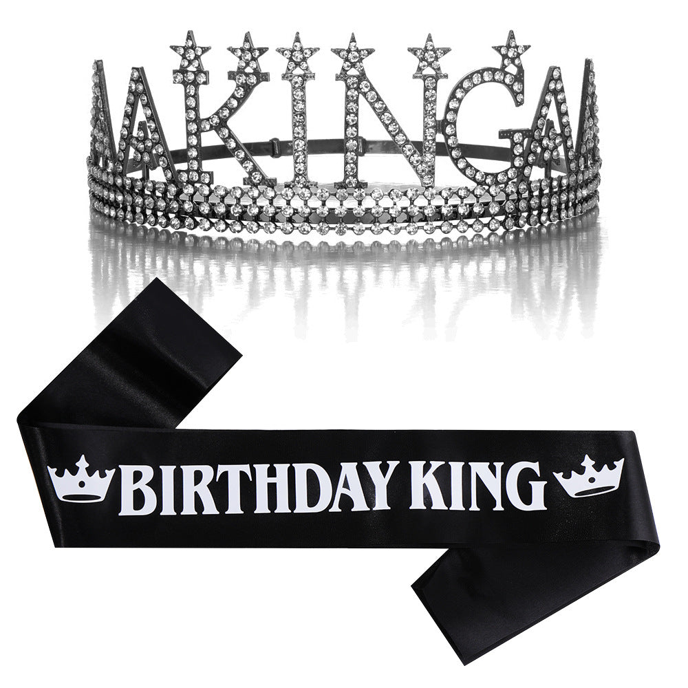 Ladies Glittering Birthday Crown with a Regal "Birthday King" Sash Set Stornfield