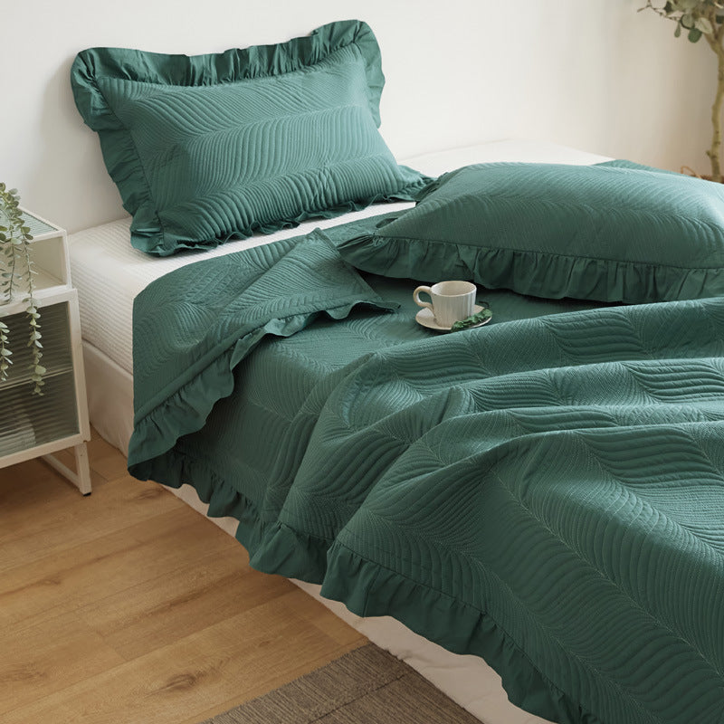 Quilted Wave-Texture Ruffled Bedspread Set with Pillow Shams