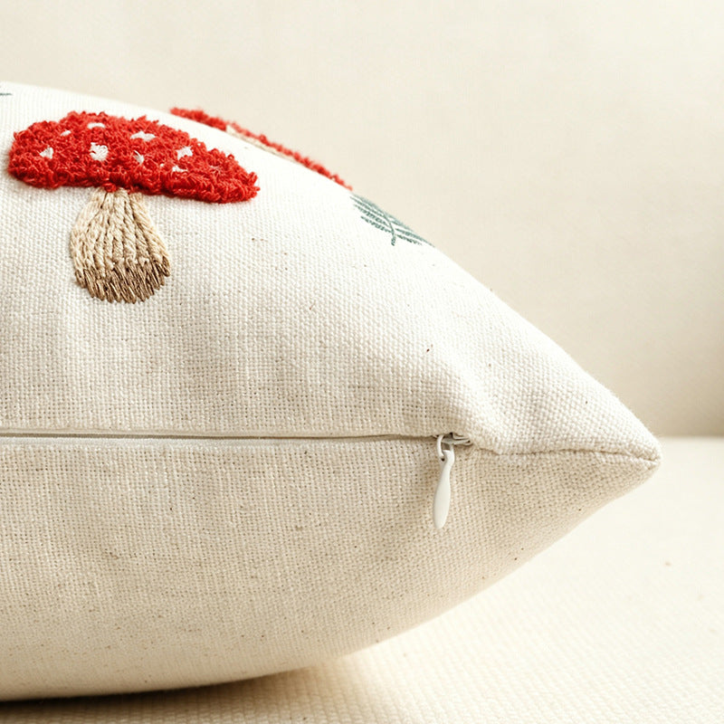 Square Embroidered Autumn Mushroom & Oak Leaf Textured Cotton-Linen Throw Pillow Cover with Hidden Zipper