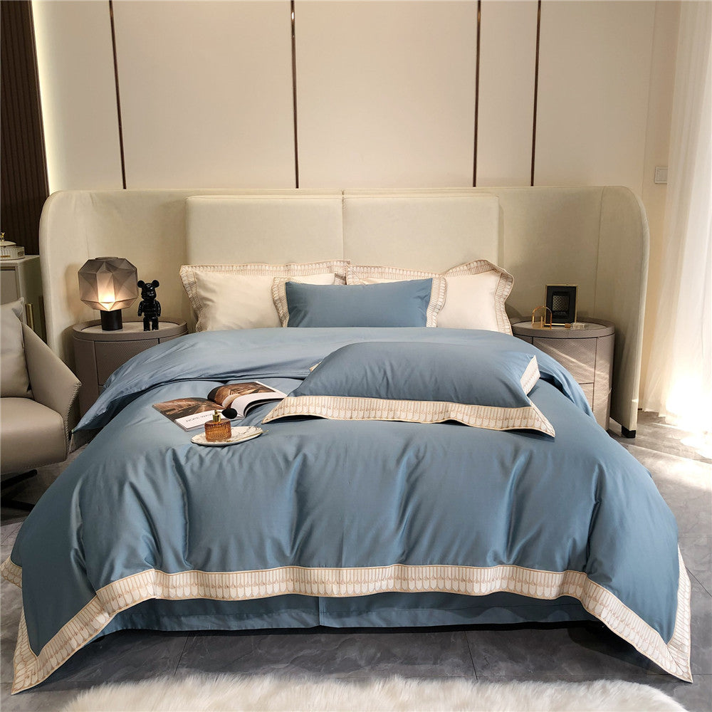 Luxury Cotton Sateen Duvet Cover Bedding Set with Pleated Trim and Matching Pillow Shams