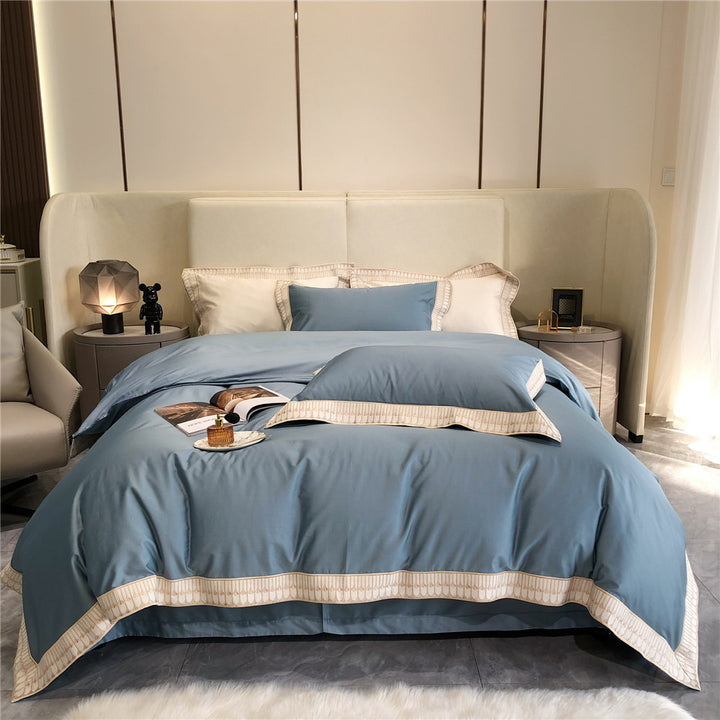 Luxury Cotton Sateen Duvet Cover Bedding Set with Pleated Trim and Matching Pillow Shams