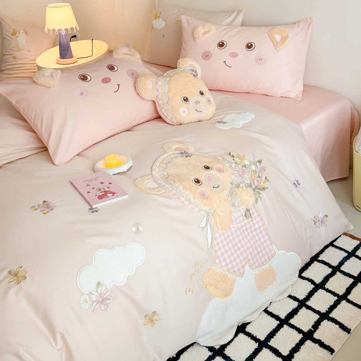 Teddy Appliqué Cotton Sateen Duvet Cover Set with Plush Ear Pillowcases