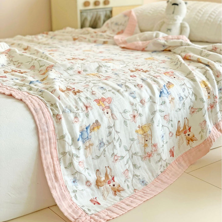 Muslin Cotton Blanket with Whimsical Animal Print and Quilted Border