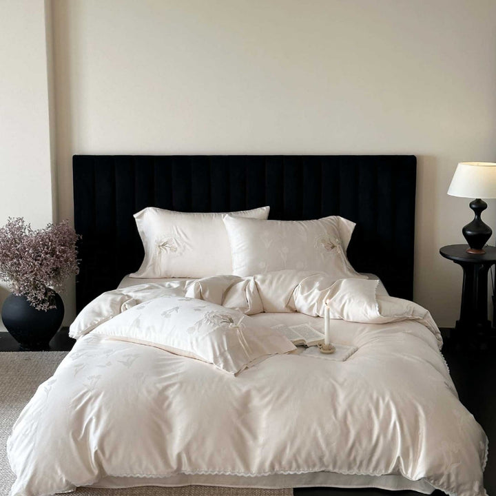 Embroidered Satin-Feel Duvet Cover Bedding Set with Scalloped Lace Edge and Pillow Shams