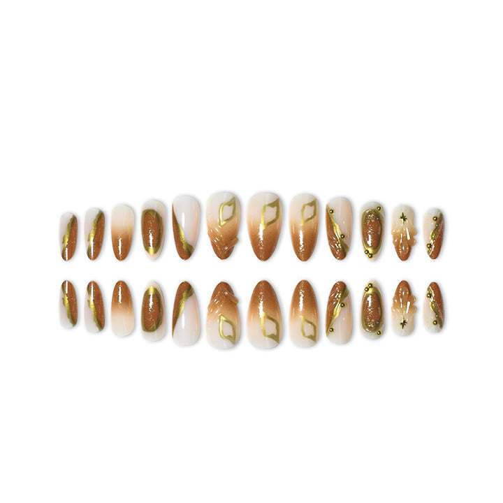Luxurious Press-On Nail Set with Ornate Gold Detailing Stornfield