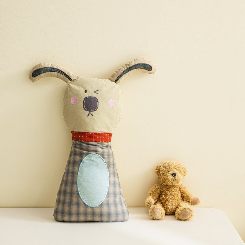 Plush Bunny Decorative Pillow Cushion with Embroidered Face and Plaid Body