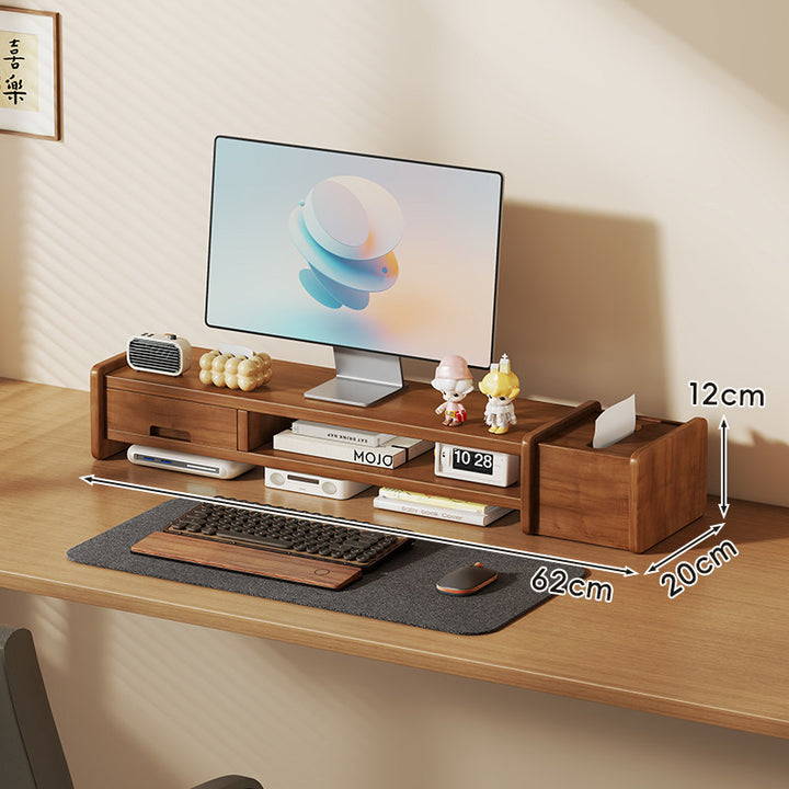 Solid Wood Monitor Riser and Desk Organizer with Dual-Level Shelf and Cable Management