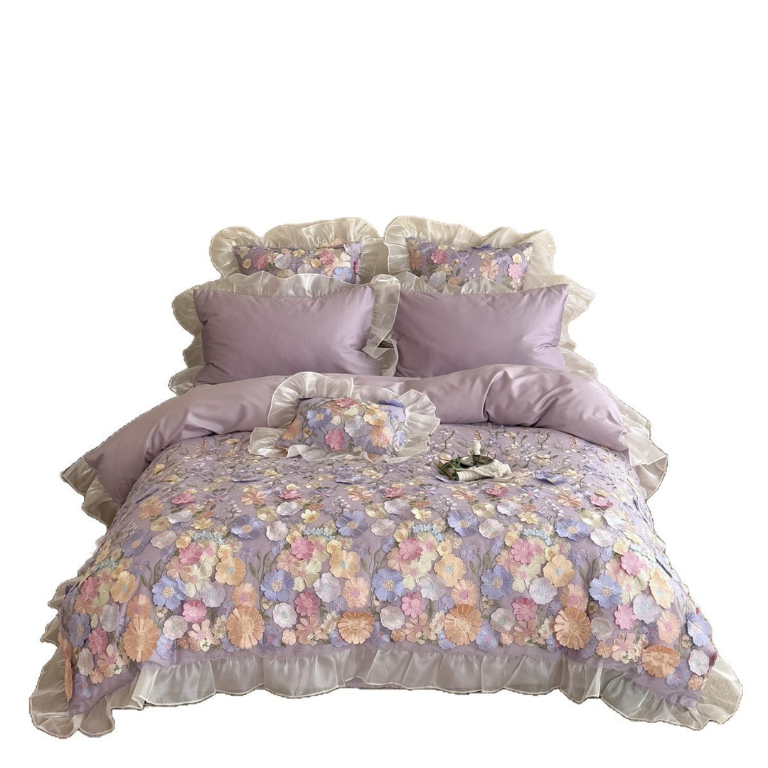 3D Floral Lace Appliqué Ruffled Duvet Cover Set